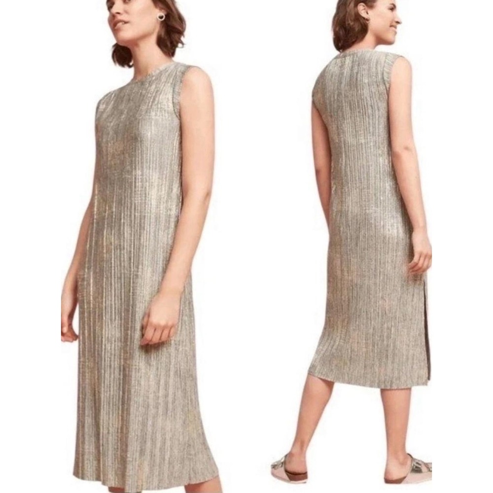 Akemi + Kin Anthropologie Metallic Gold Silver Pleated Midi Dress Sleeveless S
